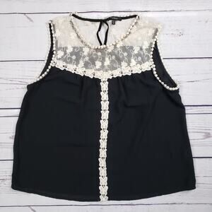 Monteau Black Ivory Lace Decorated Keyhole Back Blouse Women's Size Medium